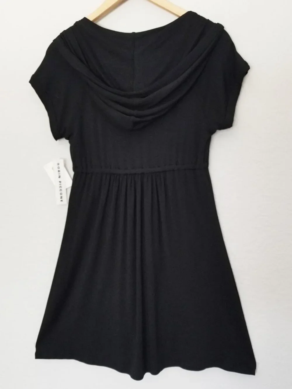 NEW Robin Piccone Black V-Neck Wrap Drawstring Hooded Dress Swim Cover-Up M $125